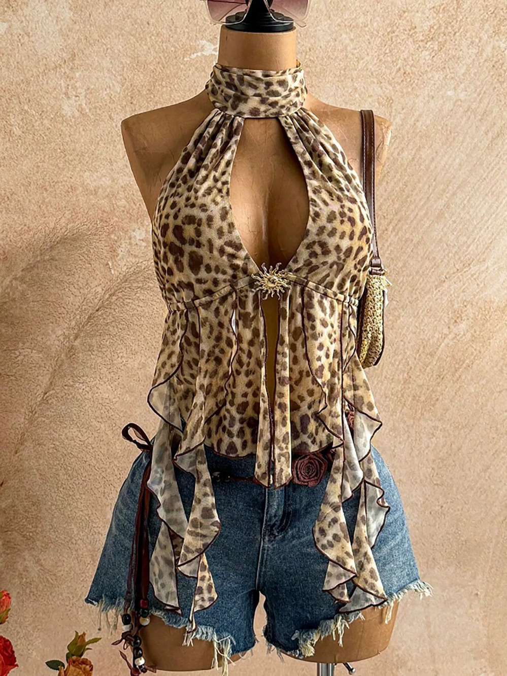 Zara Leopard Print Backless High Neck Halter Crop Top with Ties